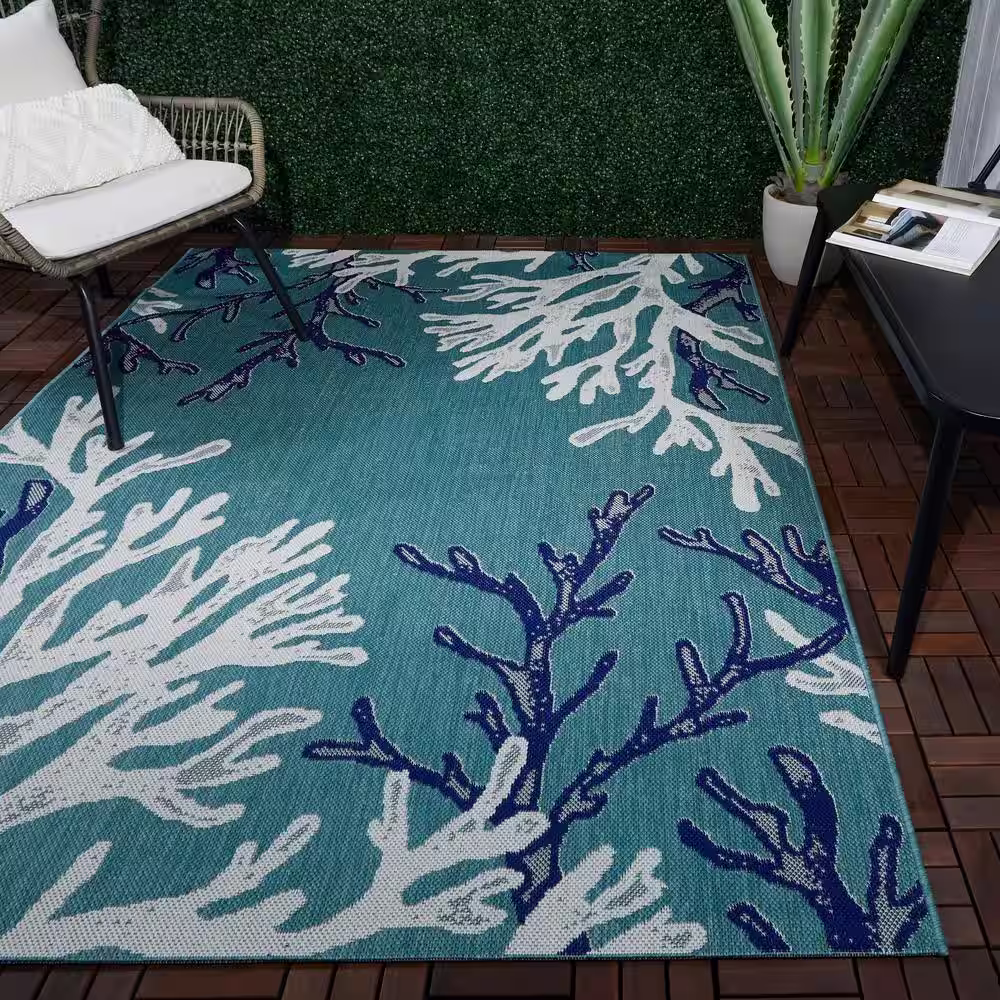 StyleWell Teal/White 5 ft. x 7 ft. Coral Indoor/Outdoor Patio Area Rug