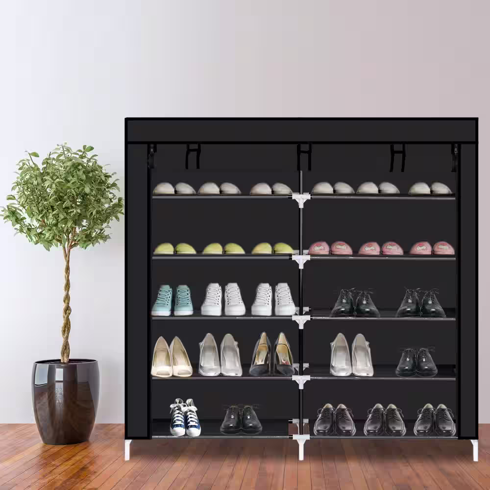 None 45.28 H 30-Pair 5-Tier Black Fabric Shoe Rack