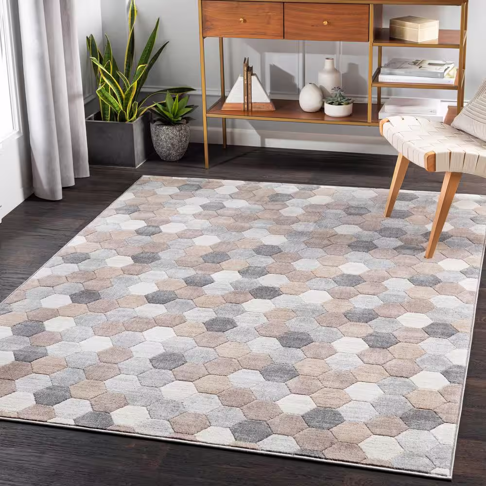 StyleWell Geo Print Beige/Gray Hexagon 6 ft. 7 in. x 9 ft. Rectangle Area Rug