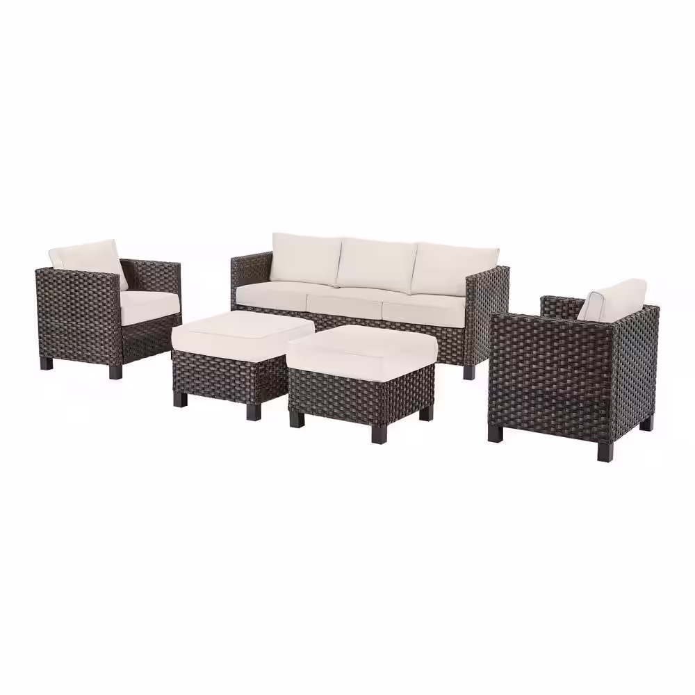 StyleWell Sharon Hill 5-Piece Wicker Patio Conversation with Almond Biscotti Cushions
