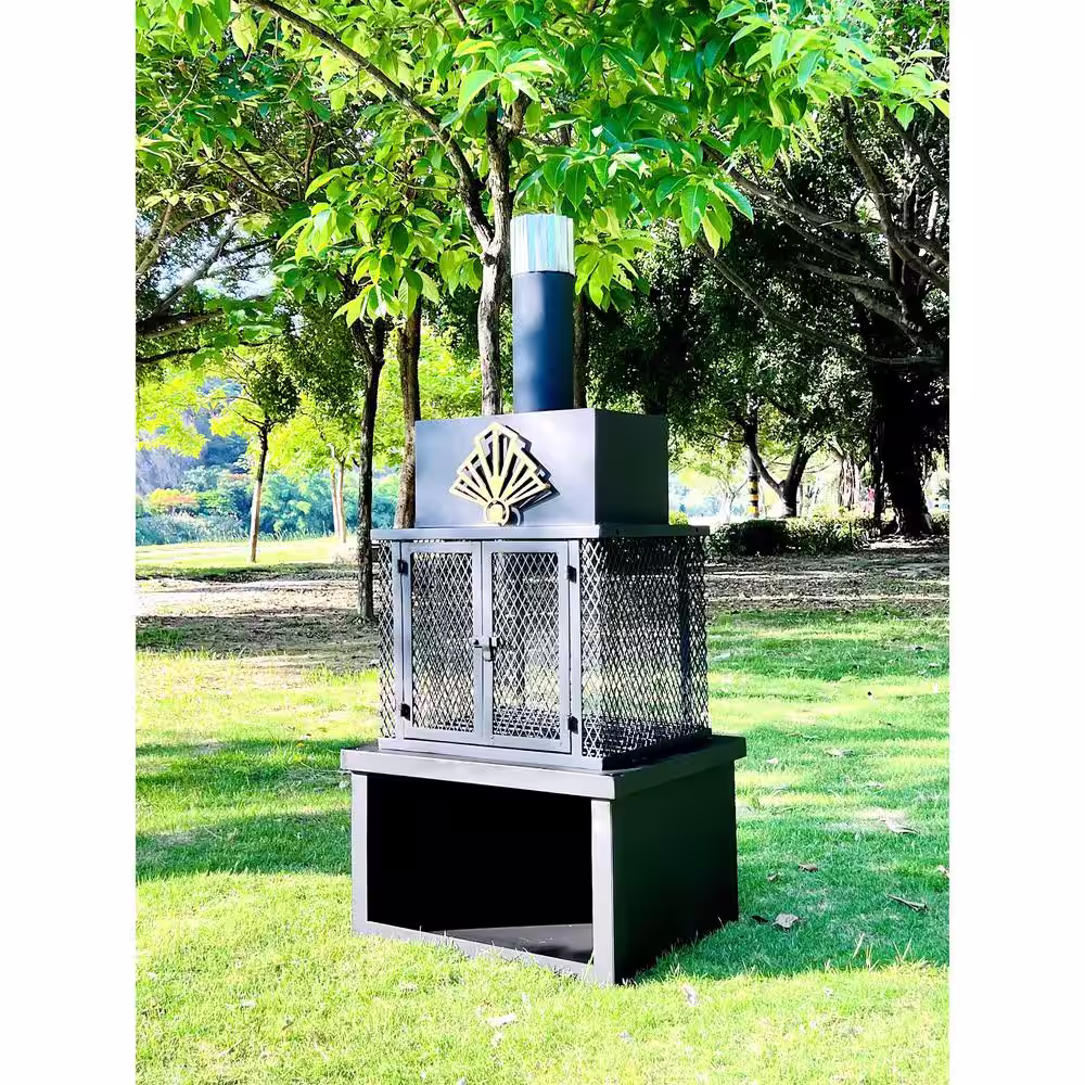 None 51.57 in. H Iron Wood Burning Outdoor Fireplace with Chimney and Included Wood Grate and Wheels