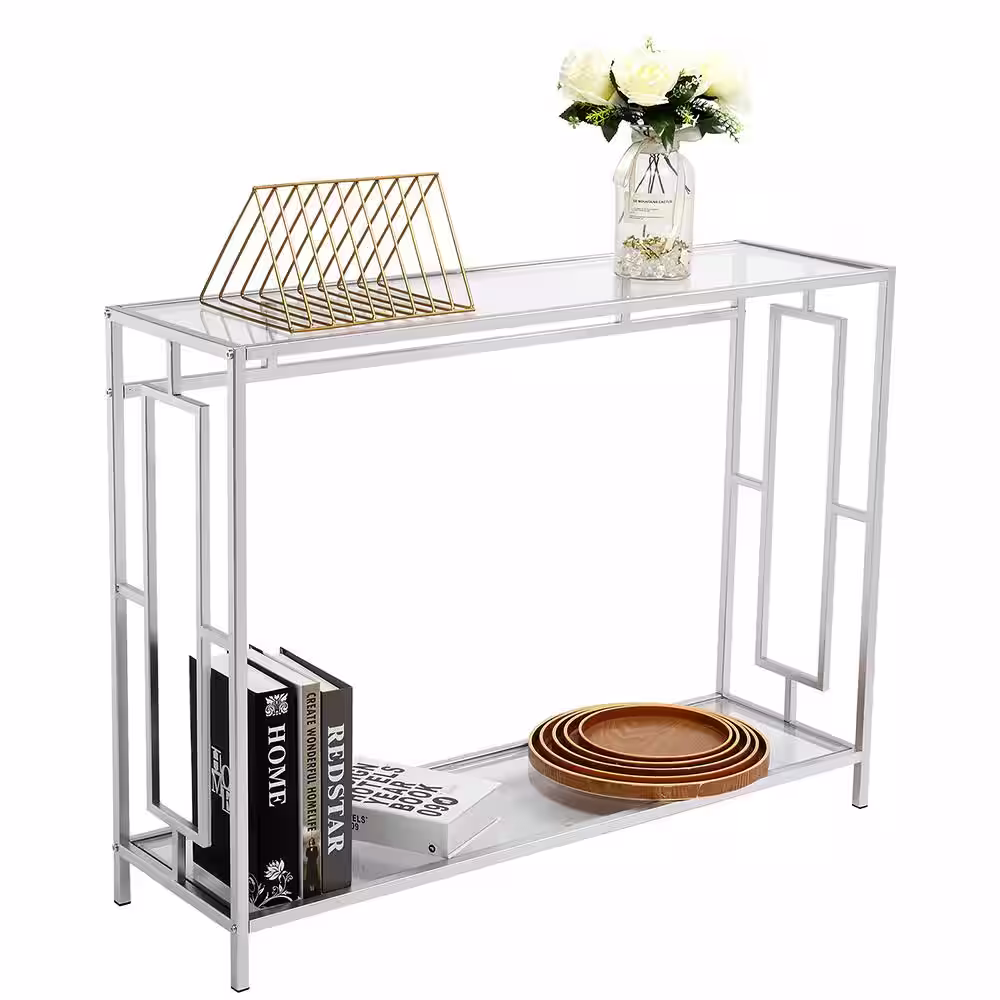 None 40.16 in. Standard Rectangle Silver FCH Toughened Glass Panel Console Table with Shelves