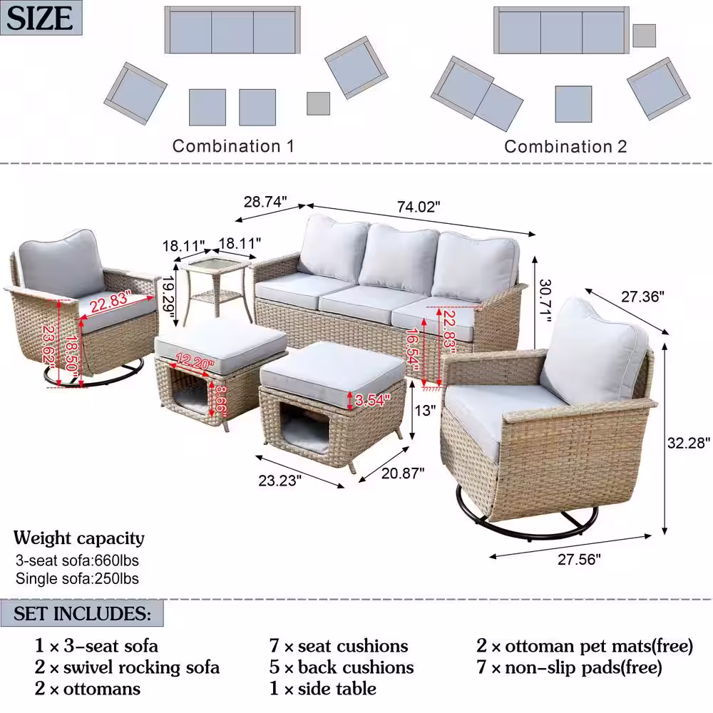 XIZZI Aphrodite 6-Piece Wicker Patio Conversation Seating Sofa Set with Cushions and Swivel Rocking Chairs