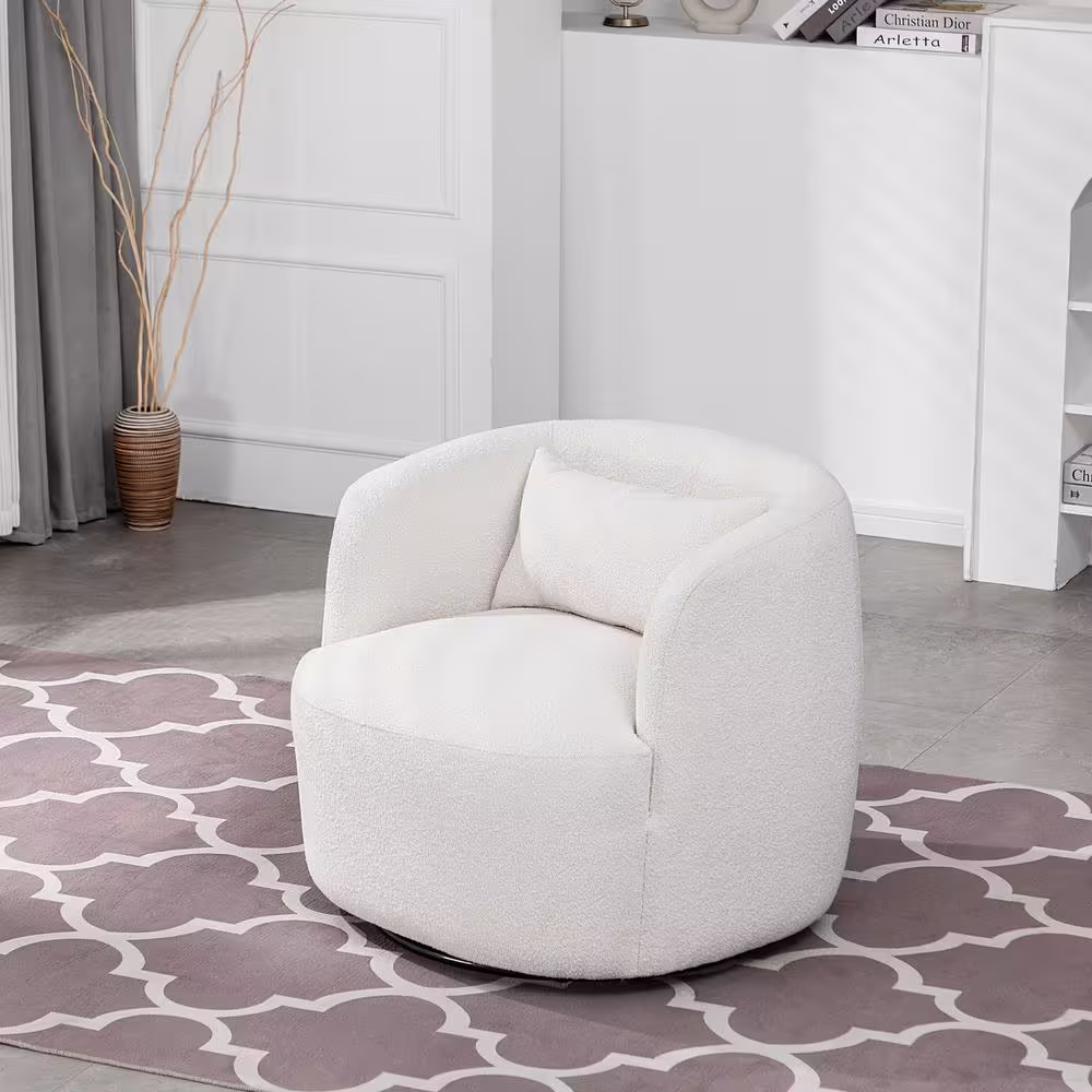 KINWELL Beige Poly Blend Boucle Fabric Upholstered Swivel Armchair
