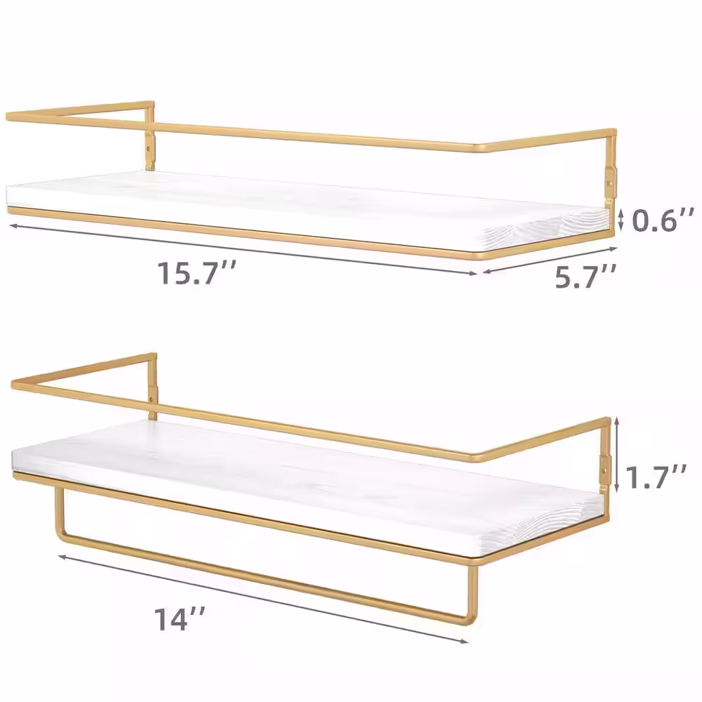 None 5.71 in. D x 15.7 in. W x 2.28 in. H Gold-White Floating Shelves with Towel Rack (Set of 2)