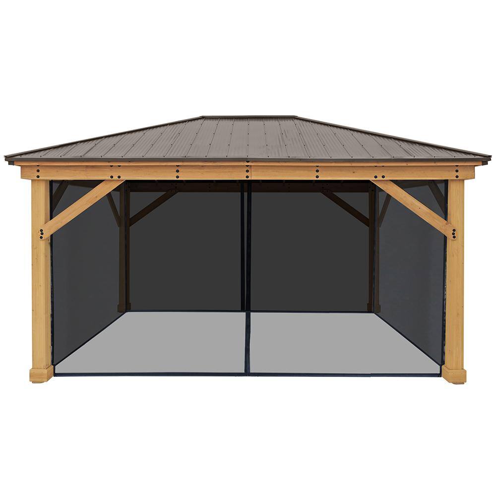 Yardistry Meridian  12 ft. x 16 ft. Premium Cedar Shade Gazebo with Coffee Brown Aluminum Roof and UV resistant Phifer Mesh Kit
