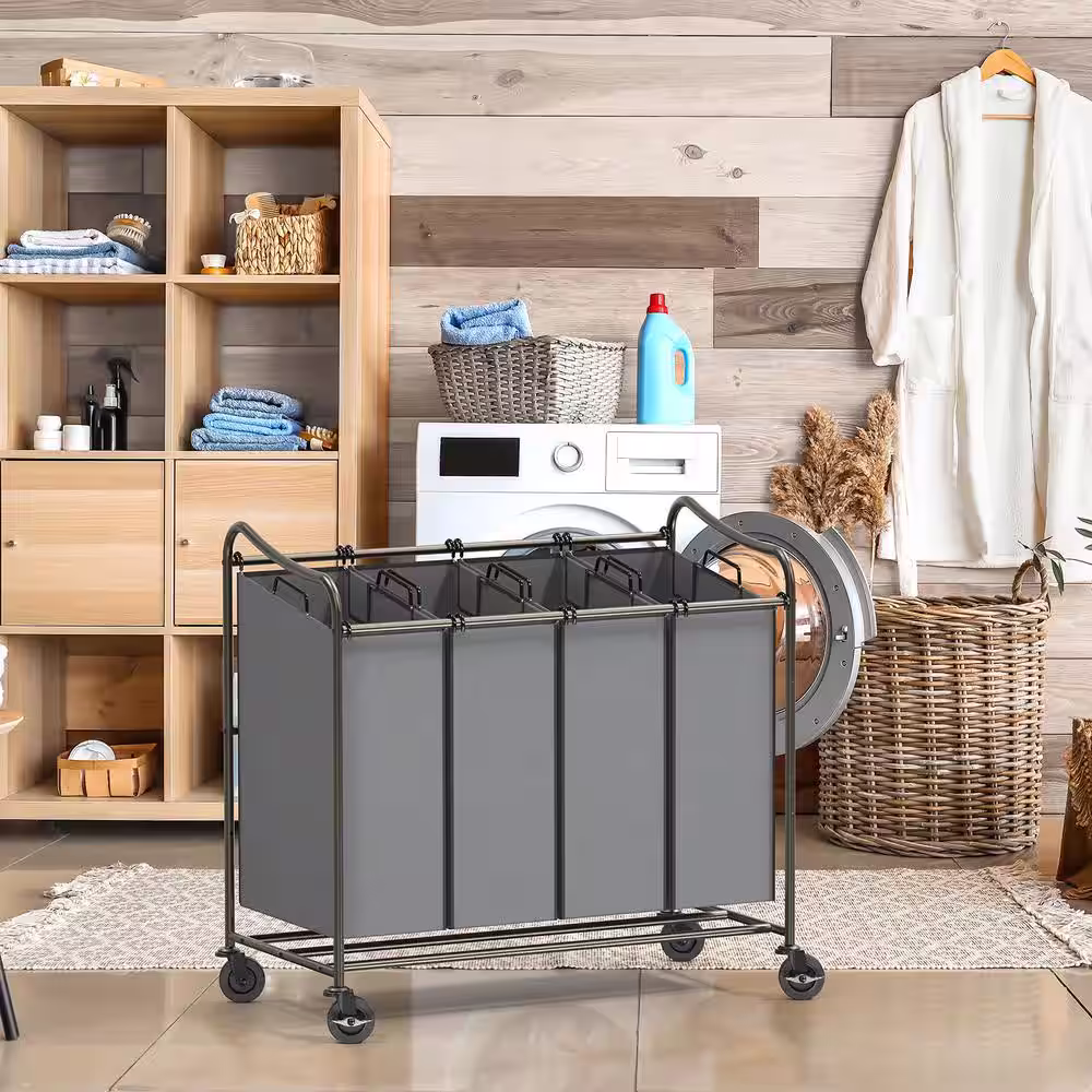None 32.3 in. W x 17.5 in. D x 33 in. H Fabric Laundry Basket Hamper with Wheels Dark Gray