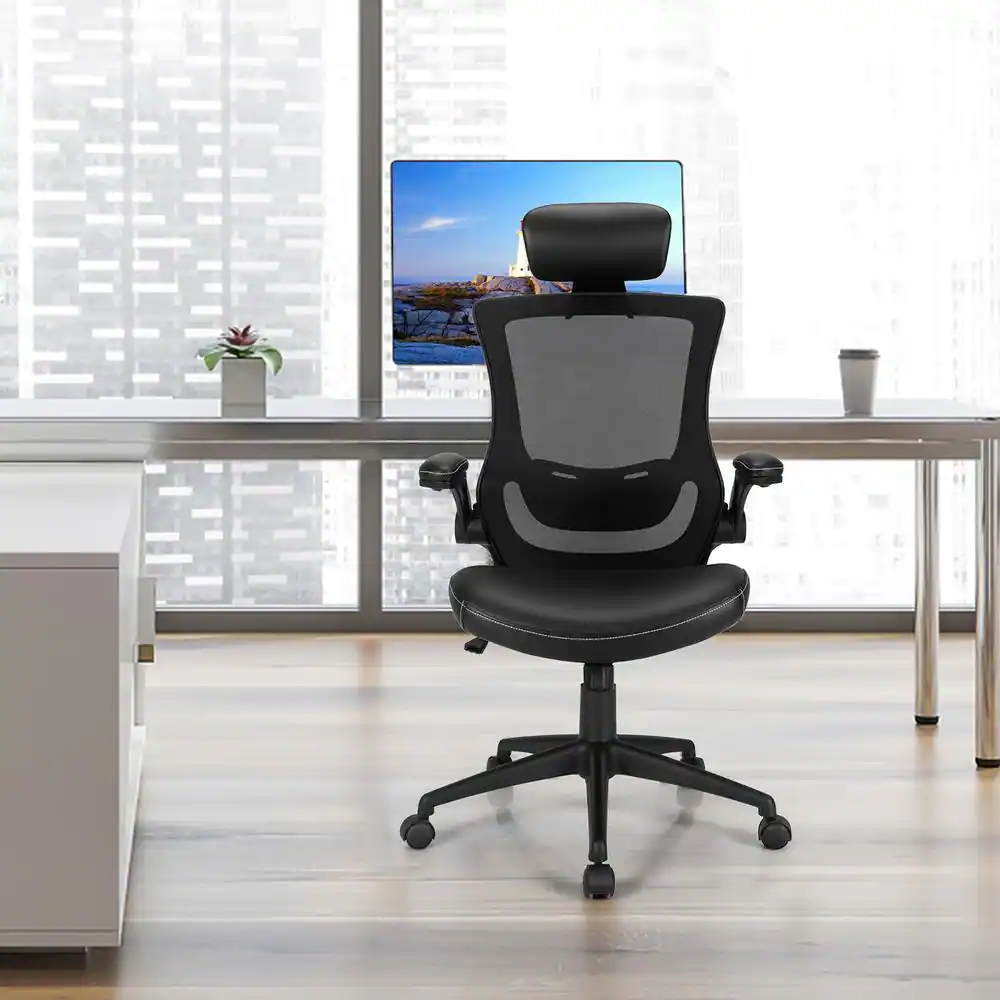 Costway Black Leather Mesh Back Adjustable Swivel Office Chair