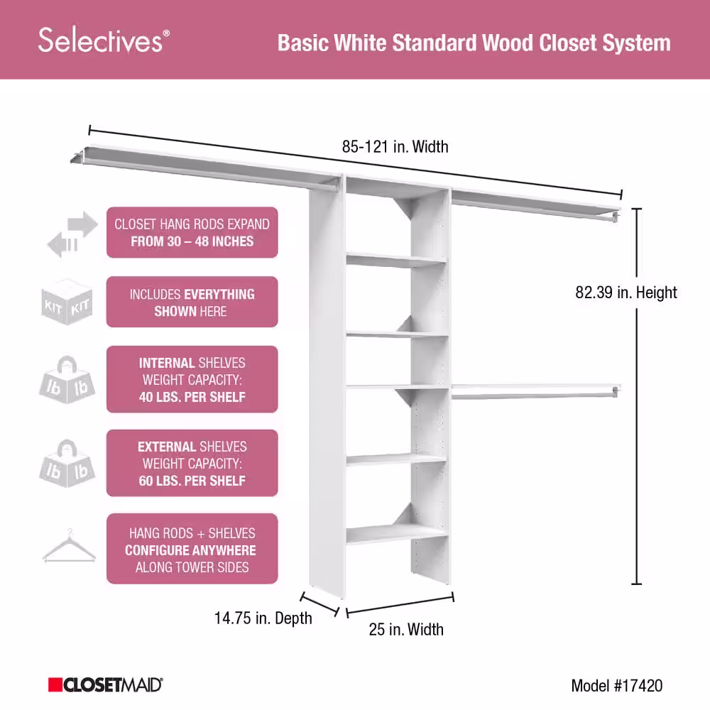 ClosetMaid Selectives 85 in. W x 121 in. W White Basic Standard Wood Closet System Kit with Top Shelves