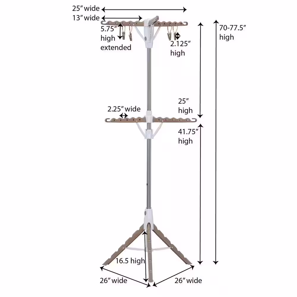 None 26 in. x 77.5 in. White Metal 2-Tier Tripod Garment Rack with Hanging Clothespins