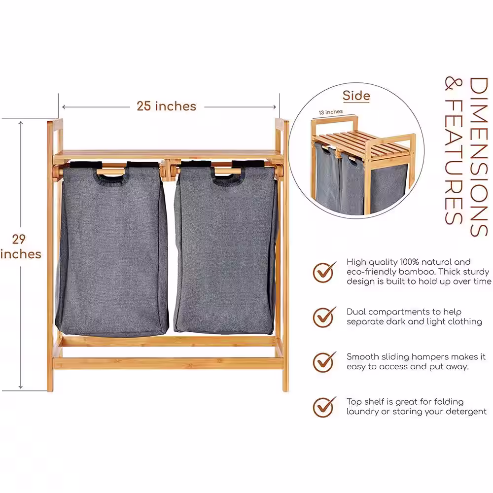 TOILETTREE Bamboo Laundry Hamper with Dual Compartments Two-Section Laundry Basket with Removable Sliding Bags & Shelf