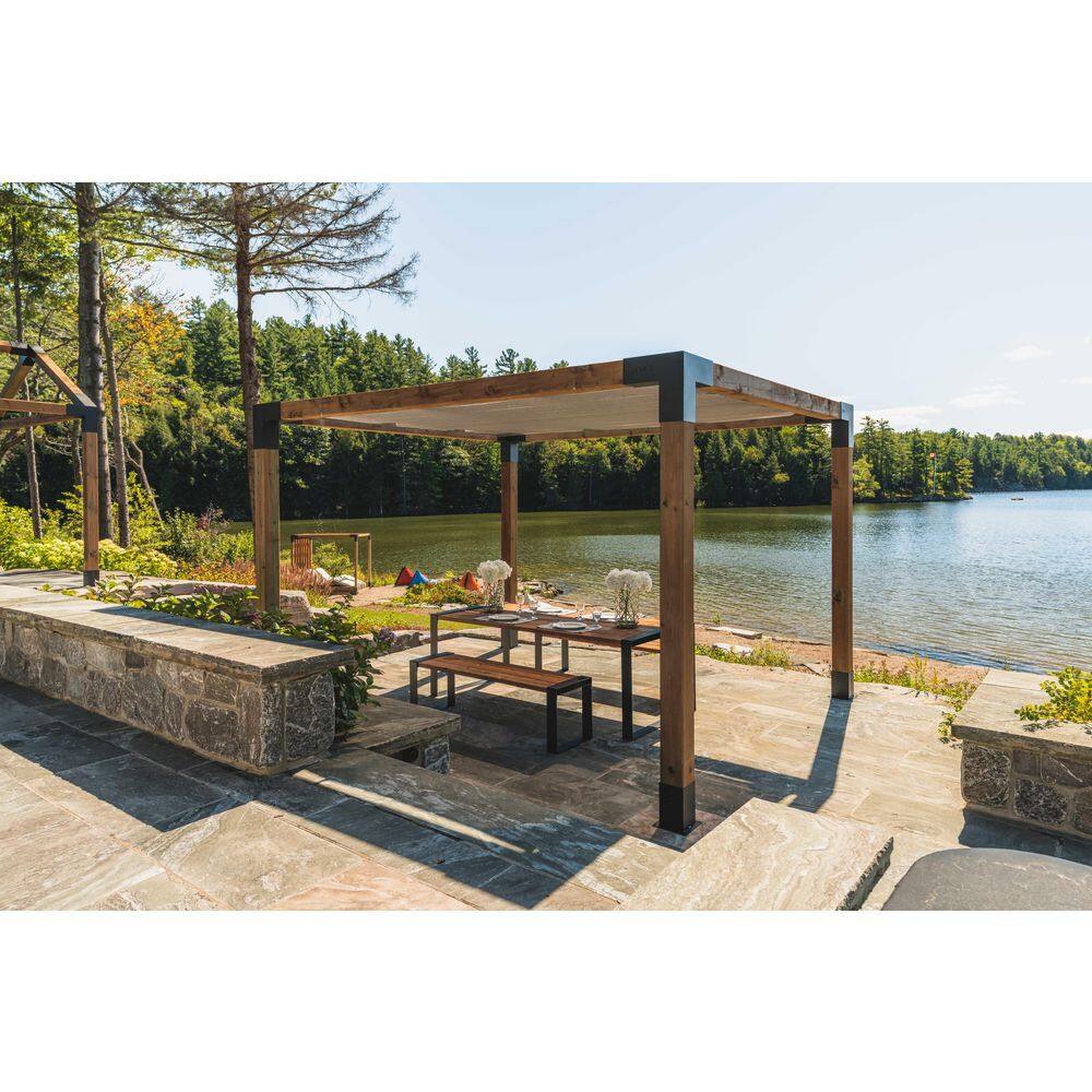 TOJA GRID 10 ft. L x 12 ft. W Pergola Kit with 4x4 KNECT Post Wall and Crimson Shade Sail, 4x4 Wood Posts
