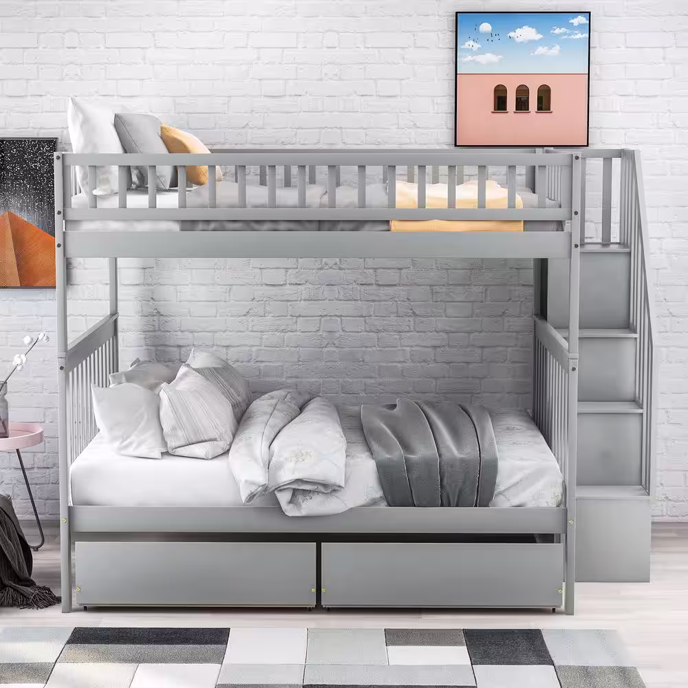 Harper & Bright Designs Gray Full over Full Bunk Bed with 2-Drawers and Storage Shelves