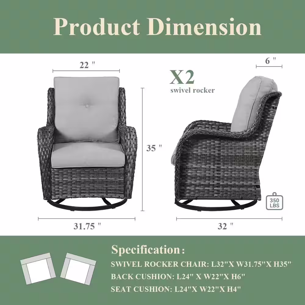 Pocassy Gray 3-Piece Wicker Patio Conversation Deep Seating Set with Gray Cushions All-Weather Swivel Rocking Chairs