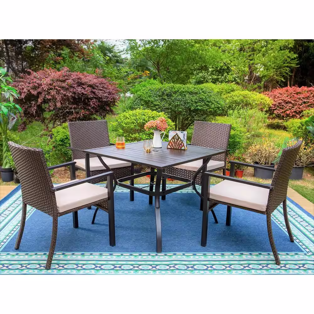 None Black 5-Piece Metal Slat Square Table Patio Outdoor Dining Set with Rattan Chairs with Beige Cushion
