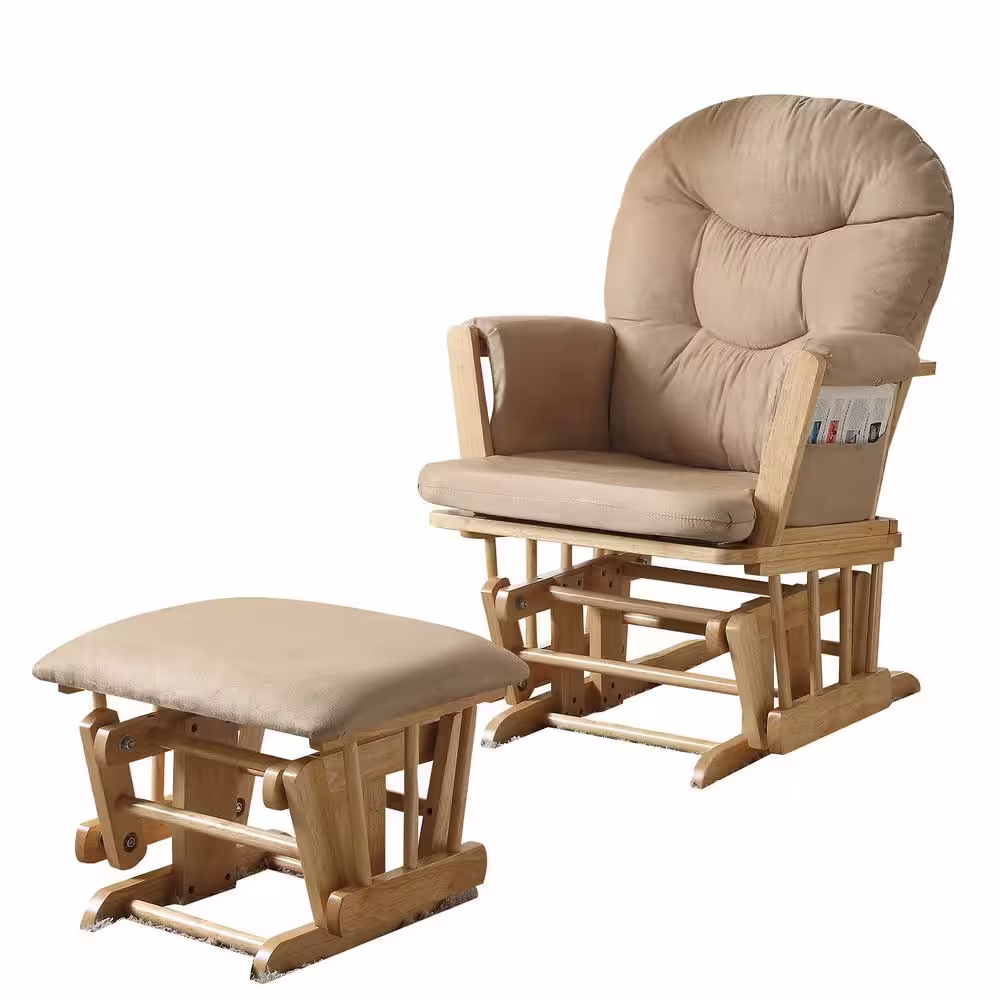 Benjara Rehan Glider Brown and Natural Oak Chair and Ottoman (2 Piece pack)