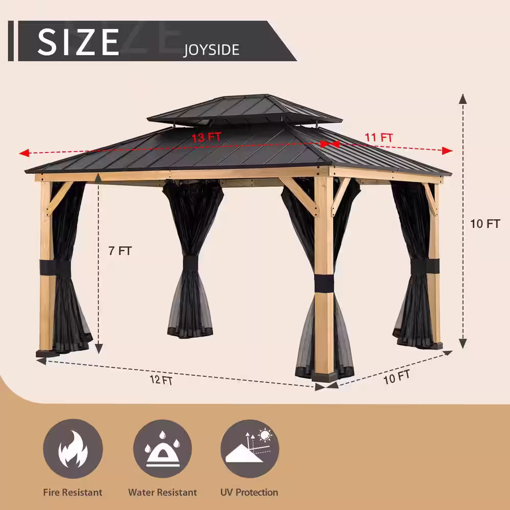 None 13 ft. x 11 ft. Outdoor Patio Spruce Wood Frame Hardtop Gazebo with Double Galvanized Steel Roof and Mosquito Netting