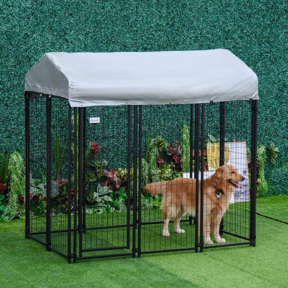 PawHut Black Steel 6 ft.  x 4 ft.  x 6 ft.  0.0005 -Acre In-Ground Dog Fence Dog Kennel Outdoor Steel Fence with Canopy