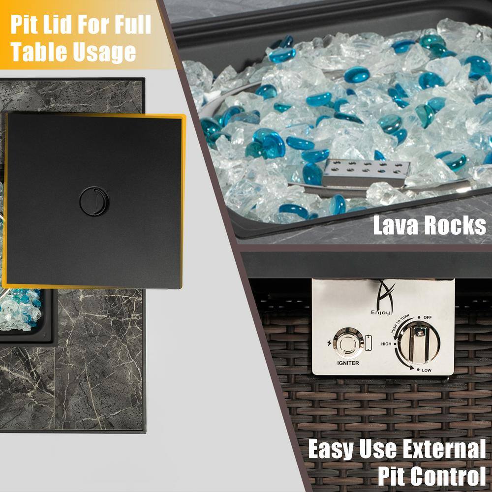 SUNRINX Brown Square Steel 30 in. 40000 BTU Propane Fire Pit Table with Glass Rocks and Rain Cover