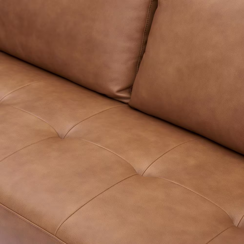 None Tan Top Grain Genuine Mid-Century Leather Loveseat, Sectional Mini Sofa, Small Sofa Bed