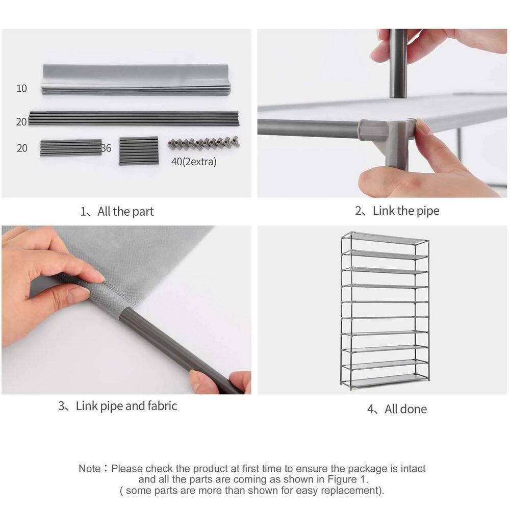 None 59.5 in. H 45-Pair 10-Tier Gray Metal Shoe Rack