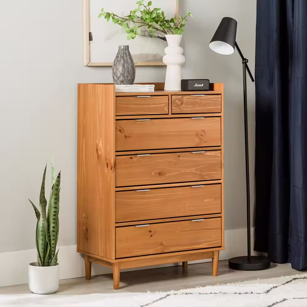 Welwick Designs 6-Drawer Caramel Solid Wood Mid-Century Modern Dresser with Tray Top (45 in. H x 30 in. W x 16 in. D)
