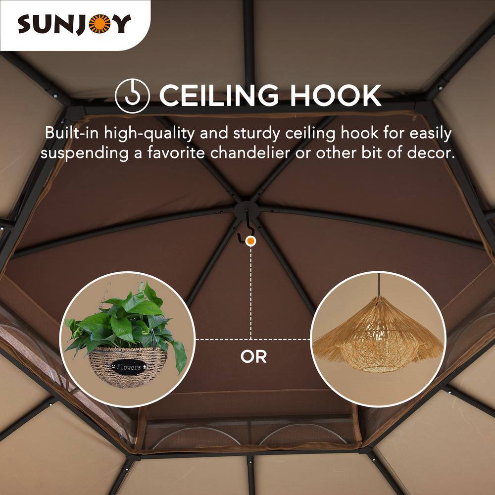 Sunjoy Bourbon 13.5 ft. x 13.5 ft. Brown Steel Gazebo with 2-Tier Tan and Brown Dome Canopy and Mosquito Netting