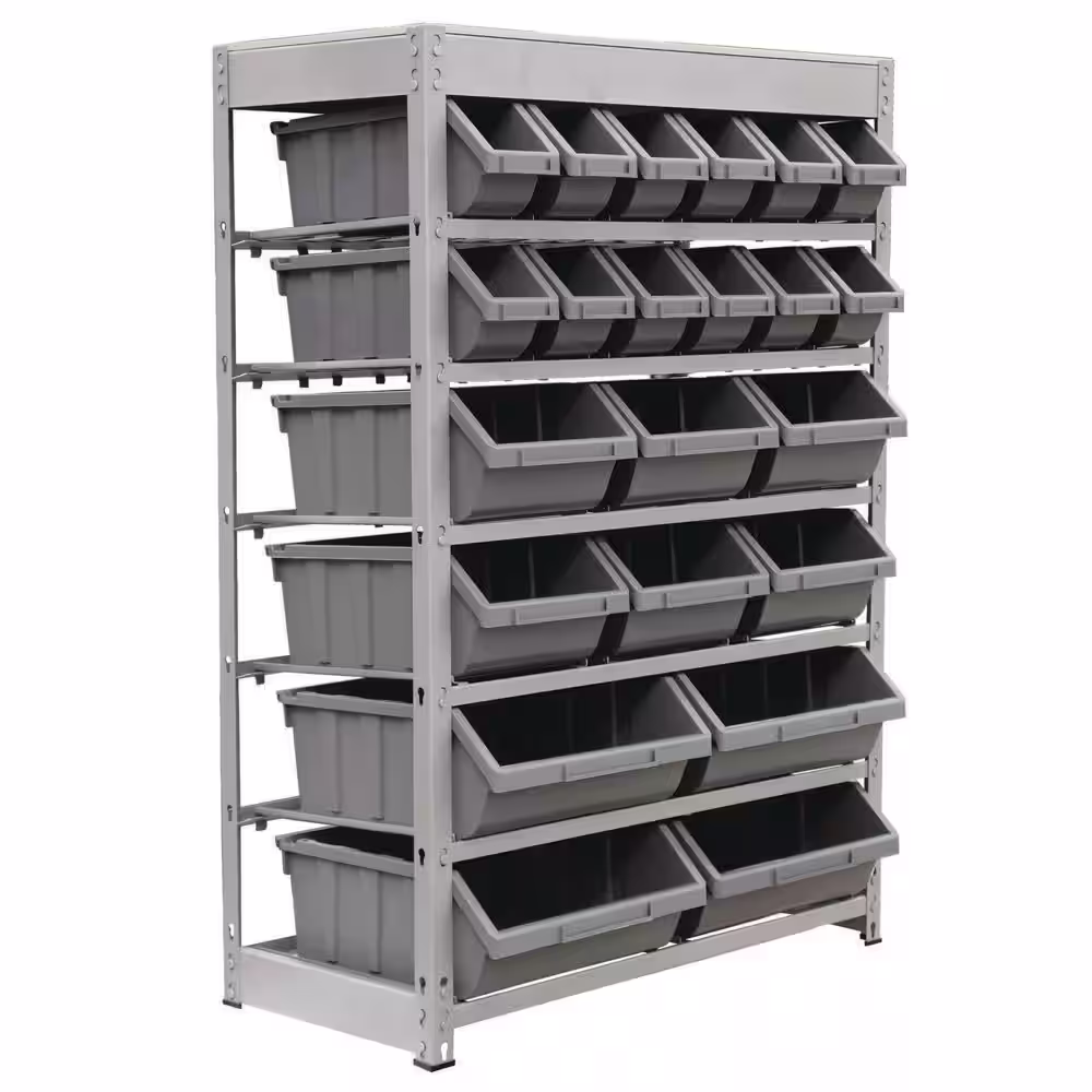 None Gray 6-Tier Boltless Bin Storage System Garage Storage Rack (22 Plastic Bins in 6 Tier)