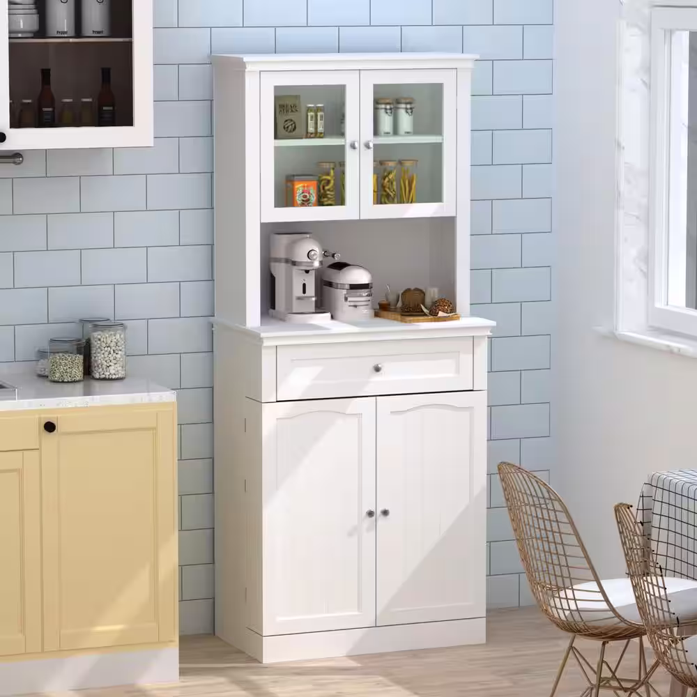 None White Painted Food Pantry with Framed Glass Doors, Drawer, Adjustable Shelves