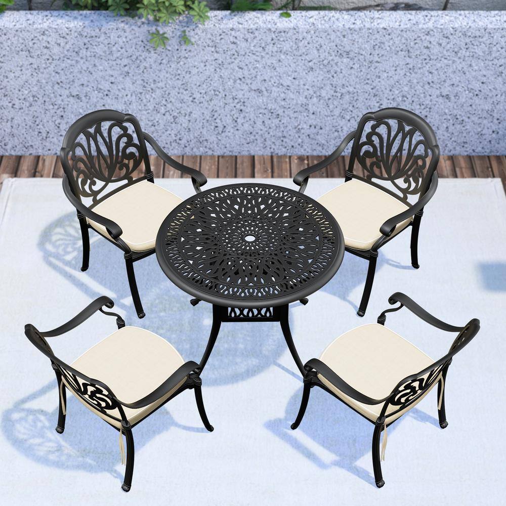 None 5-Piece Cast Aluminum Outdoor Bistro Set Patio Table Set with Random Colors Cushion and Umbrella Hole in Black