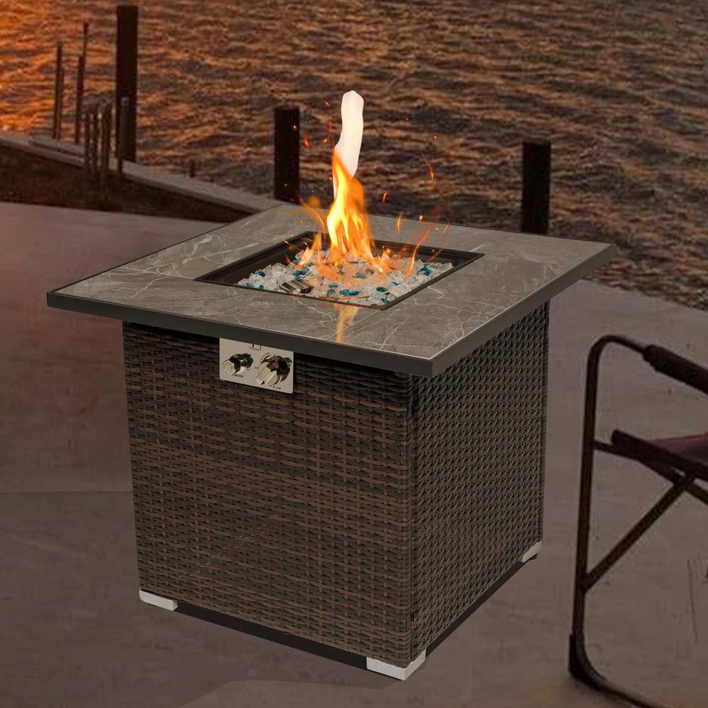SUNRINX Brown Square Steel 30 in. 40000 BTU Propane Fire Pit Table with Glass Rocks and Rain Cover