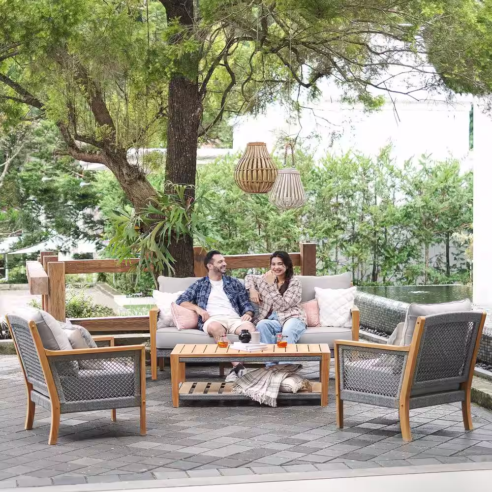 Cambridge Casual Nassau 4-Piece Teak Wood Patio Conversation Set with Gray Cushion