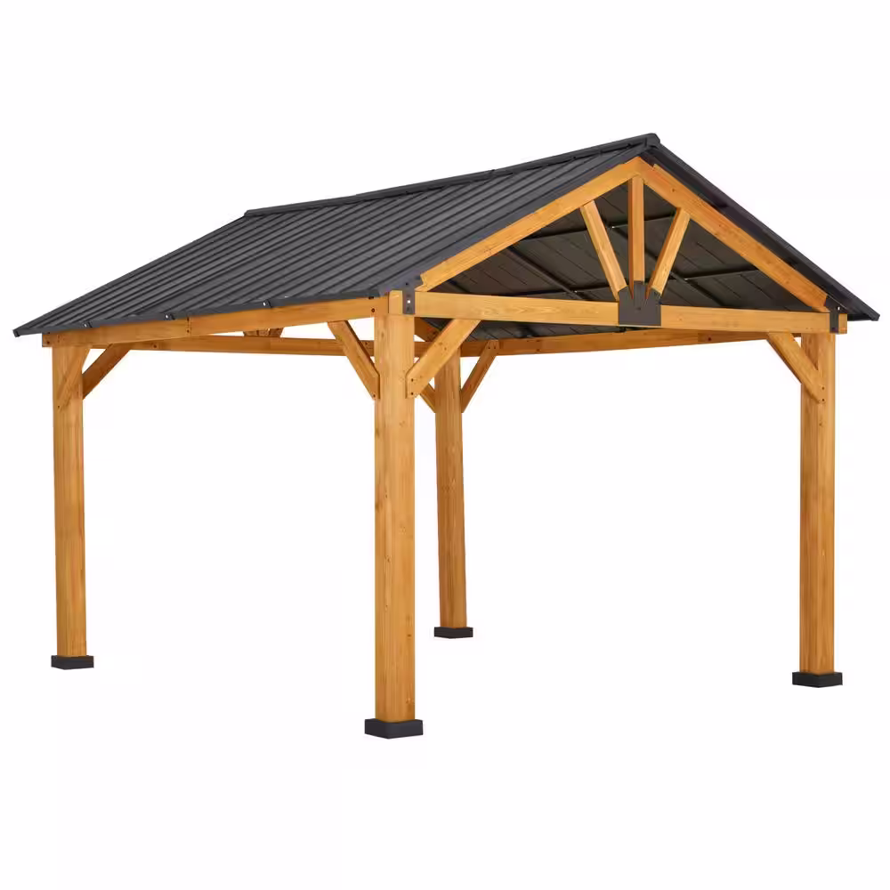 Outsunny 11 ft. x 13 ft. Natural Fir Wood Hardtop Patio Gazebo with Water/UV Resistance