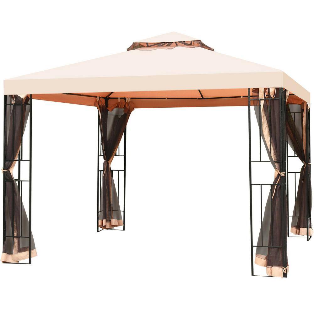 ANGELES HOME 10 ft. x 10 ft. Light Brown 2-Tier Vented Metal Canopy with Mosquito Netting