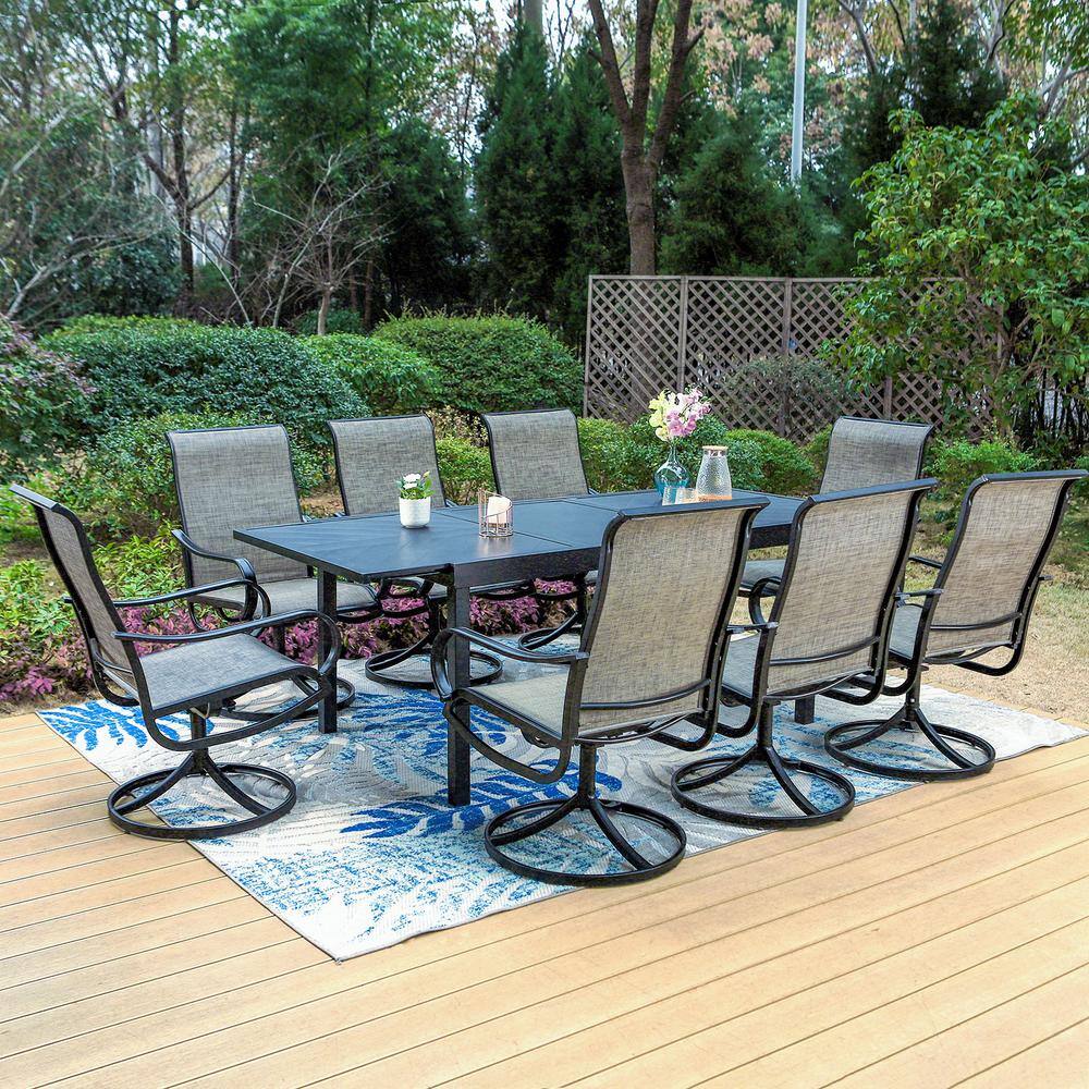 None Black 9-Piece Metal Patio Outdoor Dining Set with Geometric Extendable Table and Textilene Swivel Chairs