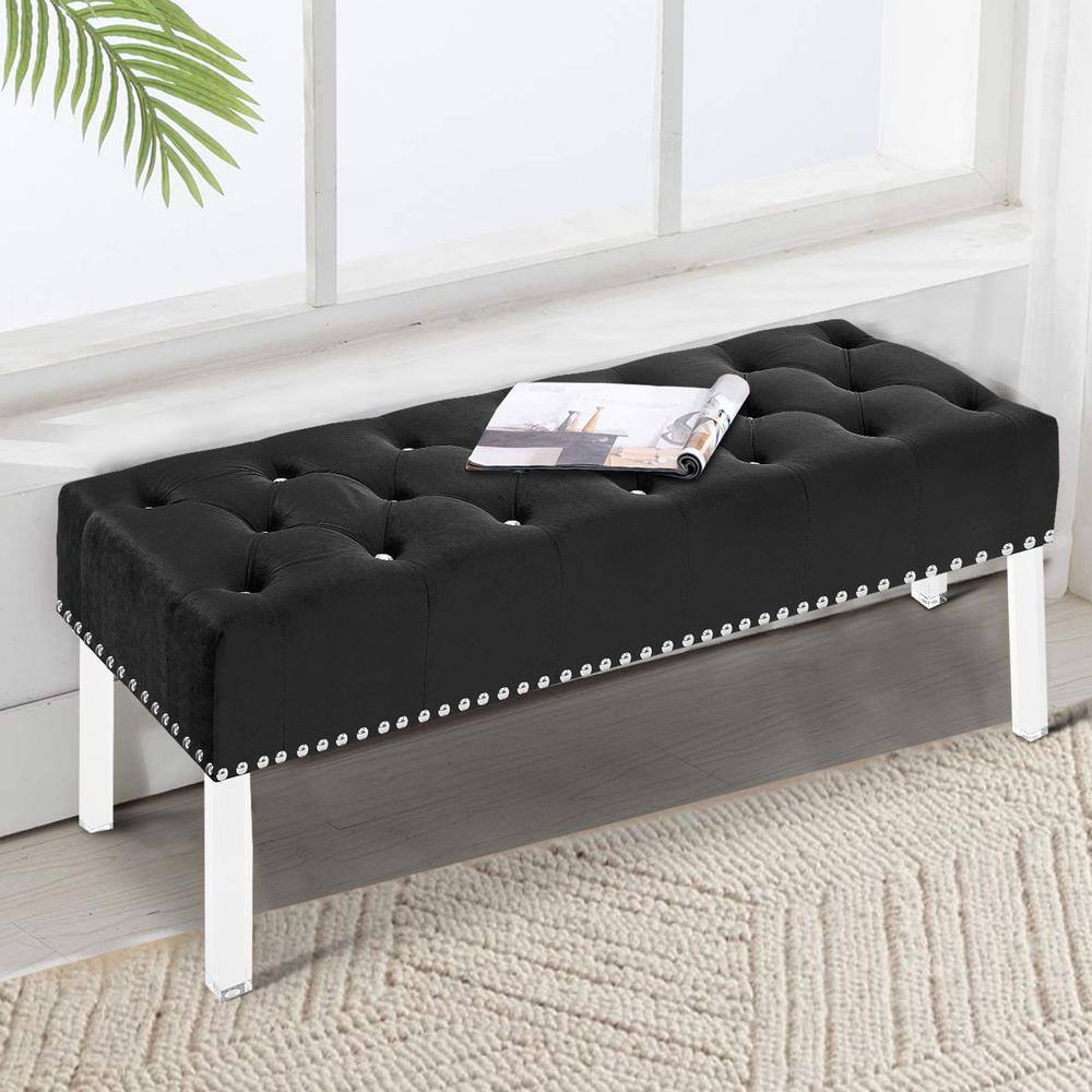 Benjara Black Velvet Upholstered Buttoned Bench 18.75 in. L x 49 in. W x 19 in. H