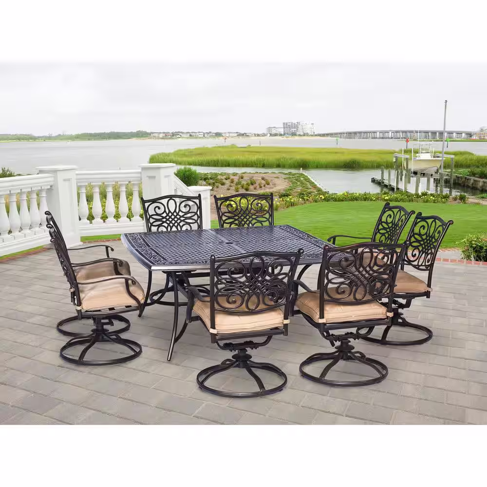 Hanover Traditions 9-Piece Aluminium Square Patio Dining Set with Eight Swivel Dining Chairs and Natural Oat Cushions, Rust Free
