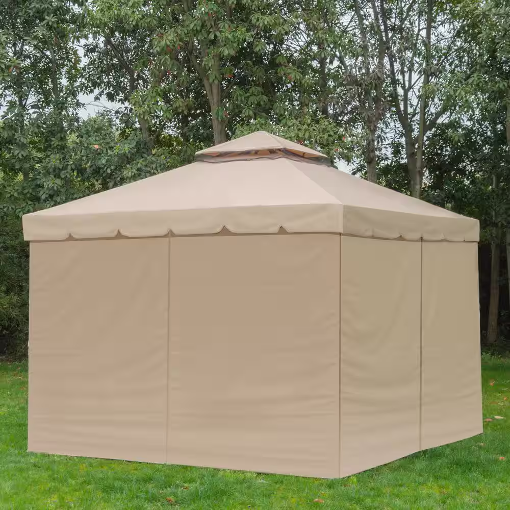 Outsunny 118 in. x 118 in. x 78 in. Steel Frame Patio Gazebo w/ Beautiful Polyester Curtains & Air Venting Netted Screens, Khaki