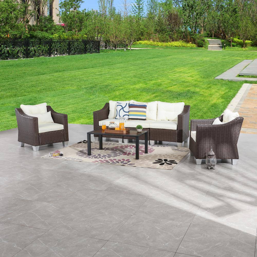 Patio Festival 6-Piece Wicker Patio Conversation Set with Beige Cushions