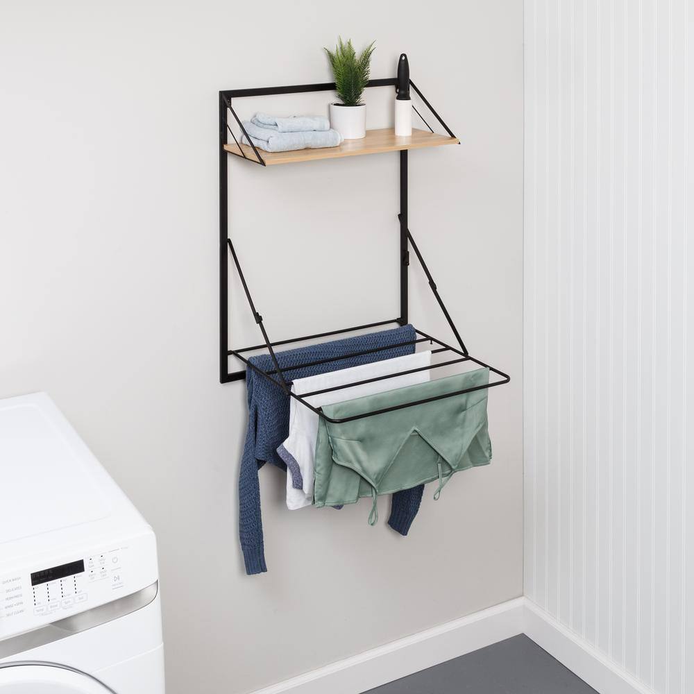 Honey-Can-Do 31 in. H x 24 in. W x 20 in. D Wall Mounted Drying Rack with Shelf in Black/Natural