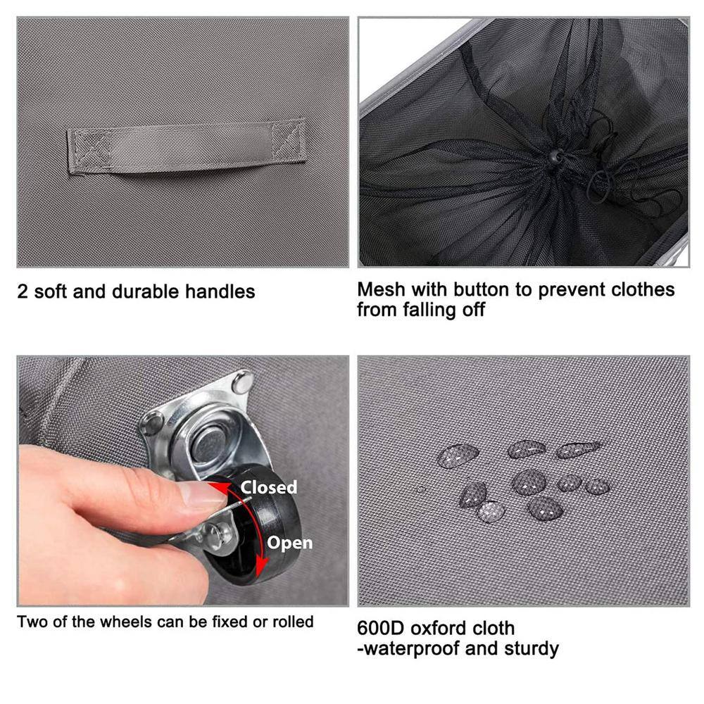 None 90L Fabric Laundry Basket Hamper with Wheels Light Gray