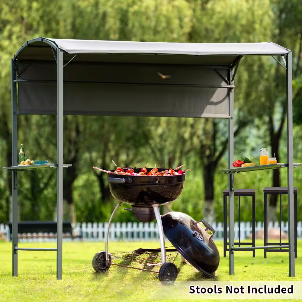 None 7 ft. x 4.6 ft. Gray Patio Grill Gazebo with Side Awning, Bar Counters and Hooks
