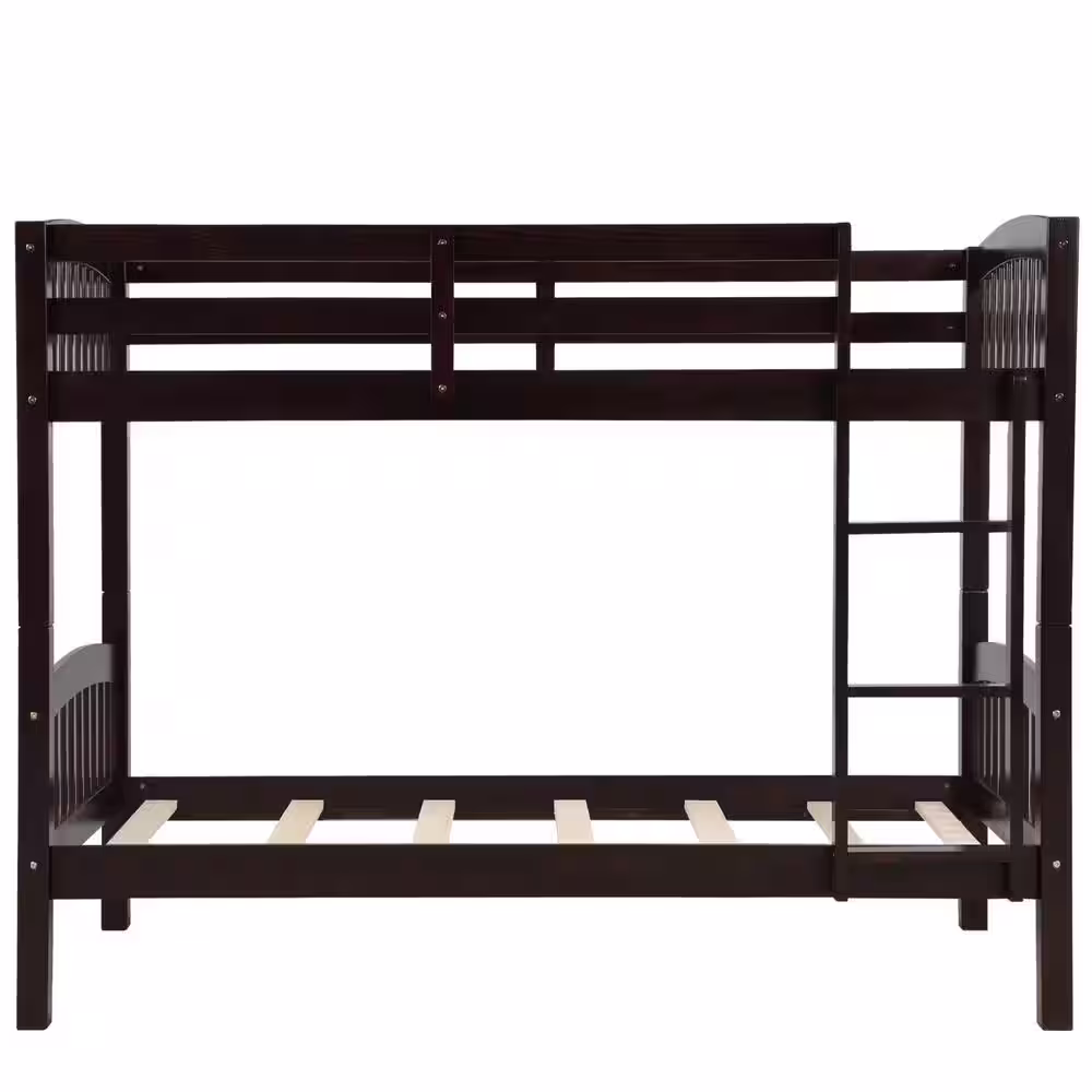 Harper & Bright Designs Espresso Twin over Twin Wood Bunk Bed with Ladder, Divided into 2 Separate Beds