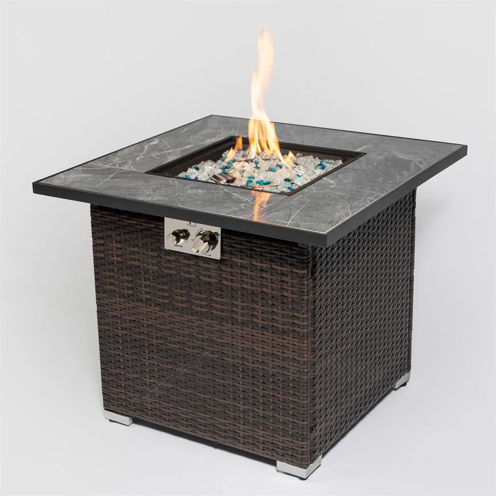 None 29.92 in. W x 24.80 in. H Dark Brown Outdoor 50000 BTU Square PE Wicker Propane Gas Fire Pit Table with Glass Windshield