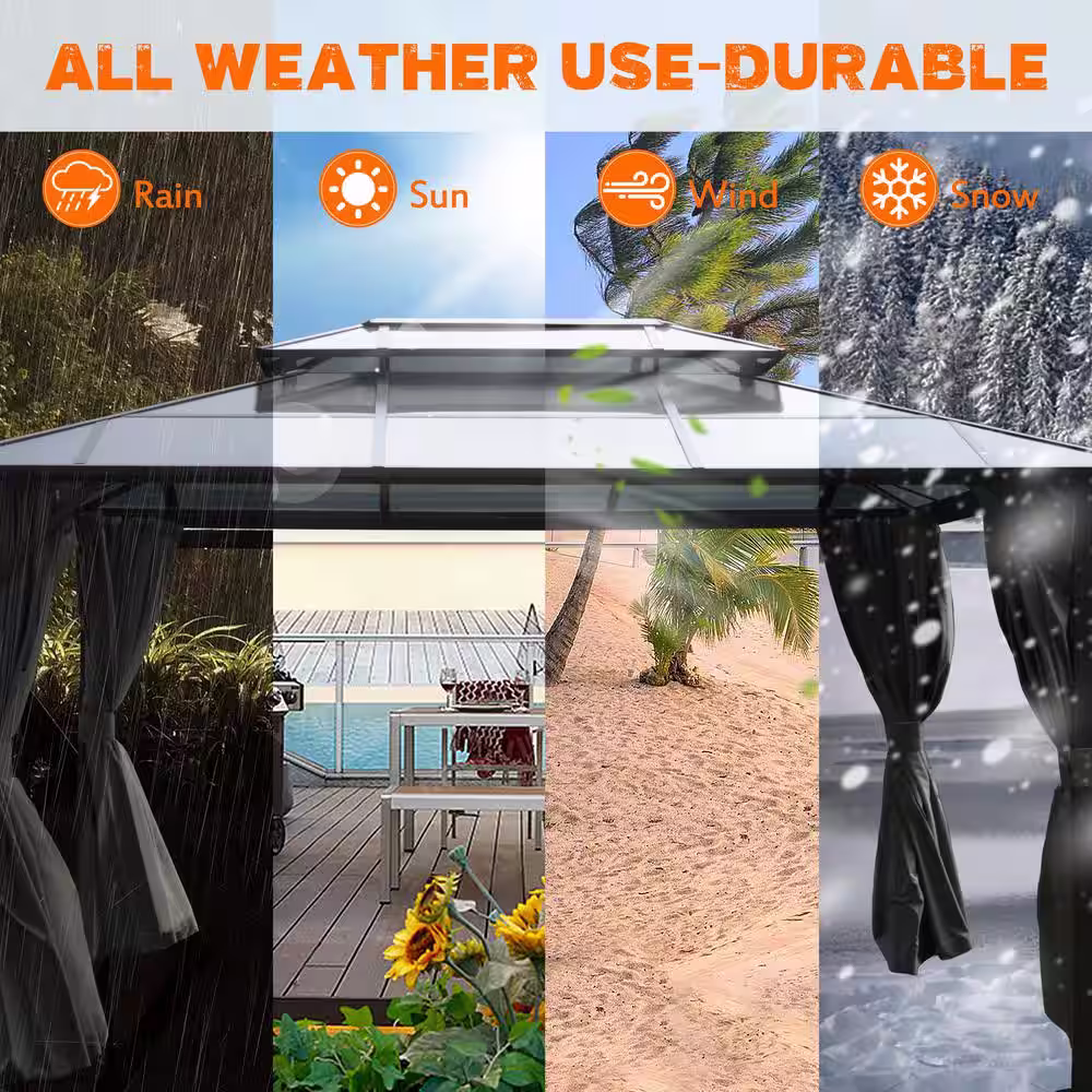 VEIKOUS 13 ft. x 10 ft. Polycarbonate Double Top Gazebo with Gray Curtains and Netting