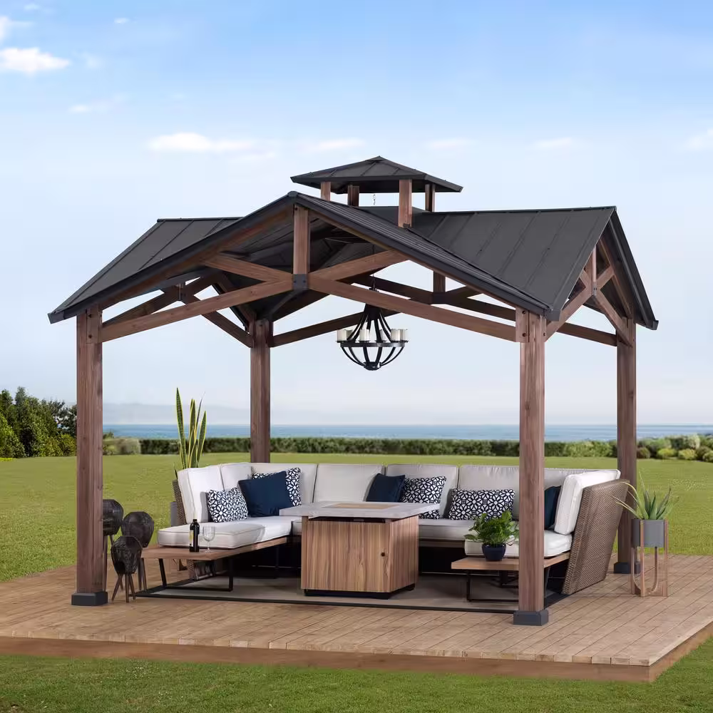Sunjoy Bella 12.5 ft. x 12.5 ft. Cedar Framed Gazebo with Black Steel 2-Tier Hardtop Roof