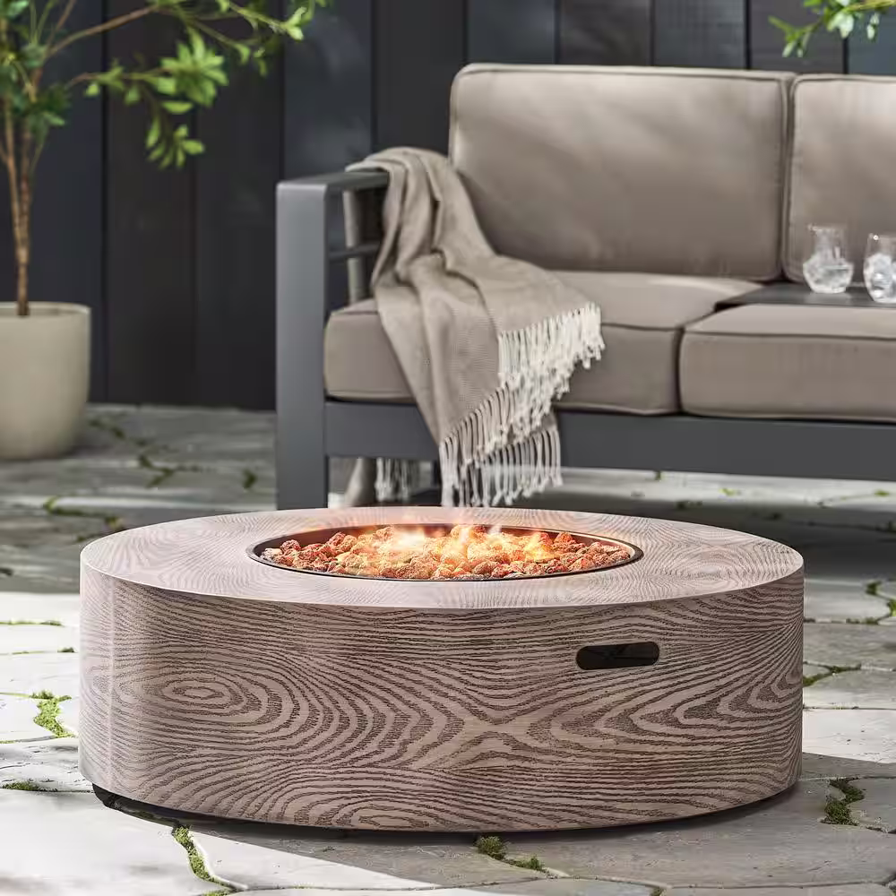 Noble House Midway Brown Wood Pattern Metal Circular Stone Fire Pit (No Tank Holder)