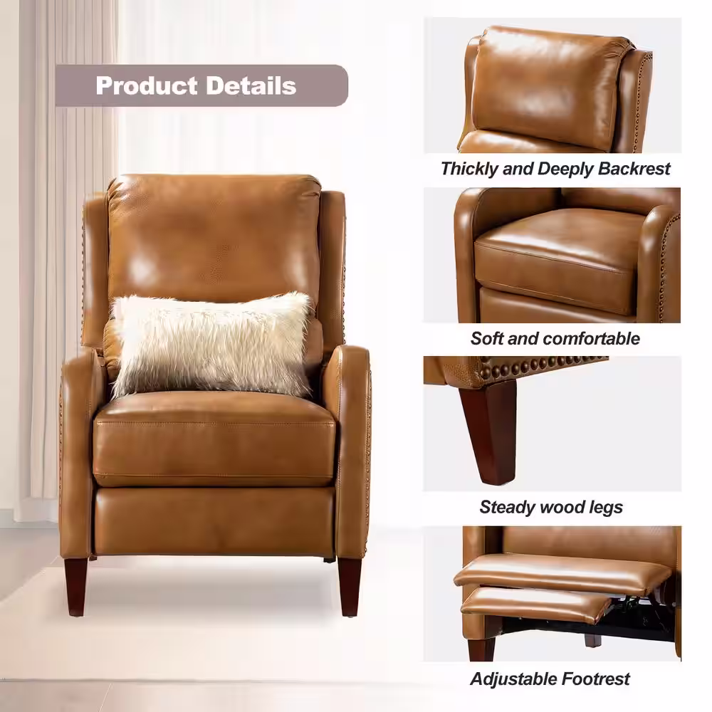 JAYDEN CREATION Hyde Modern Retro Camel Genuine Leather Wingback Recliner Upholstery Armchair With Nail Head Trim