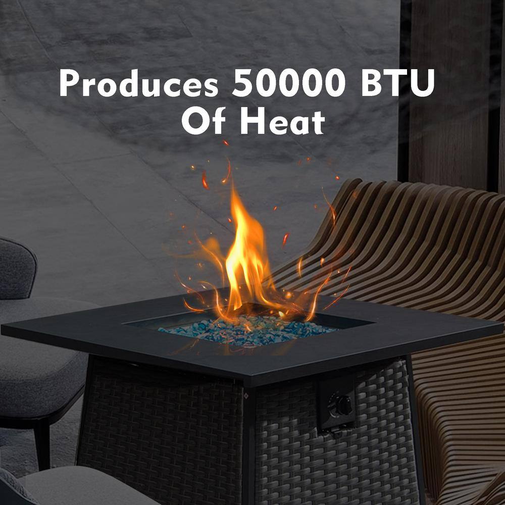 SUNRINX Dark Gray Square Metal 32 in. Propane Fire Pit Table with Blue Glass Ball and ETL-Certified