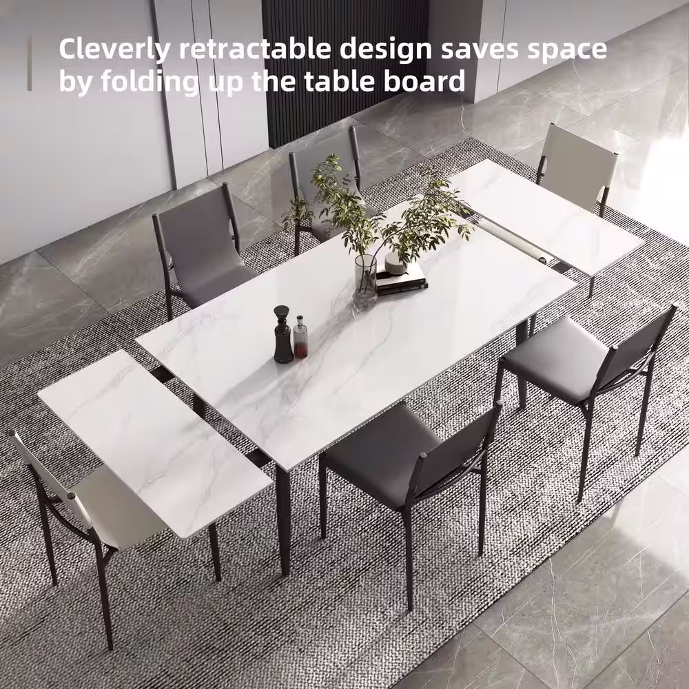 None 62.9 in. to 94.4 in. Rectangle White Stone Extendable Dining Table